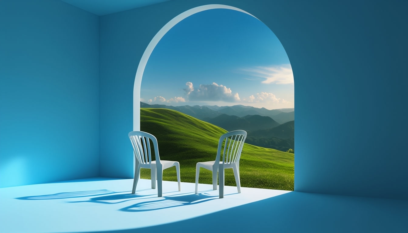 Surreal Indoor-Outdoor Scene with Archway and Lush Landscape Virtual Backgrounds