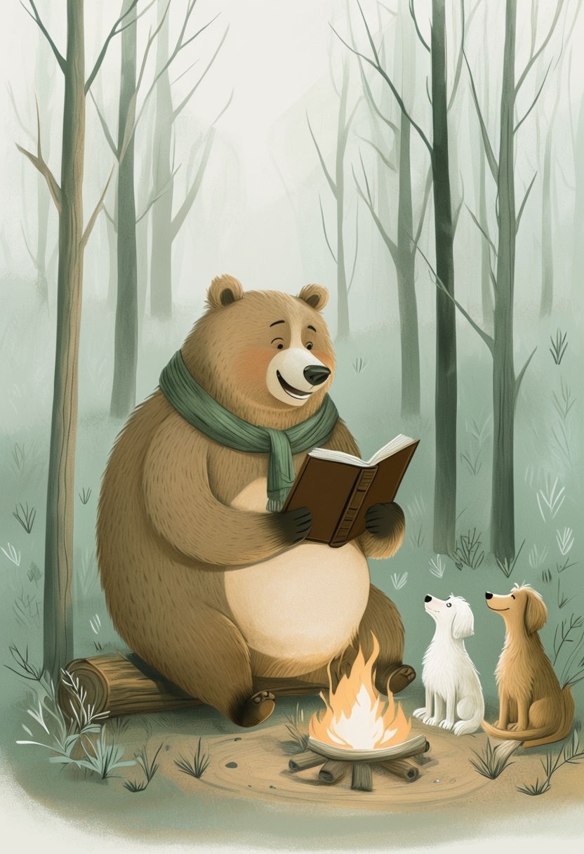 Whimsical Bear Reading to Dogs by Campfire Illustration Art