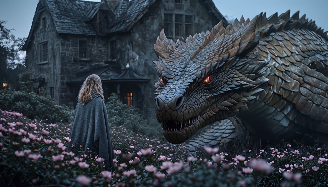 Eerie Dark Fantasy Scene with Serpent and Stone House Background