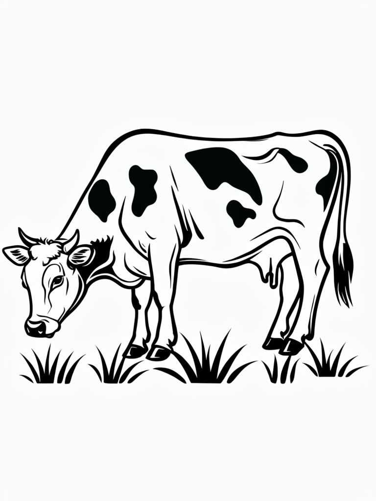 Minimalistic Black and White Cow Grazing Line Drawing Art
