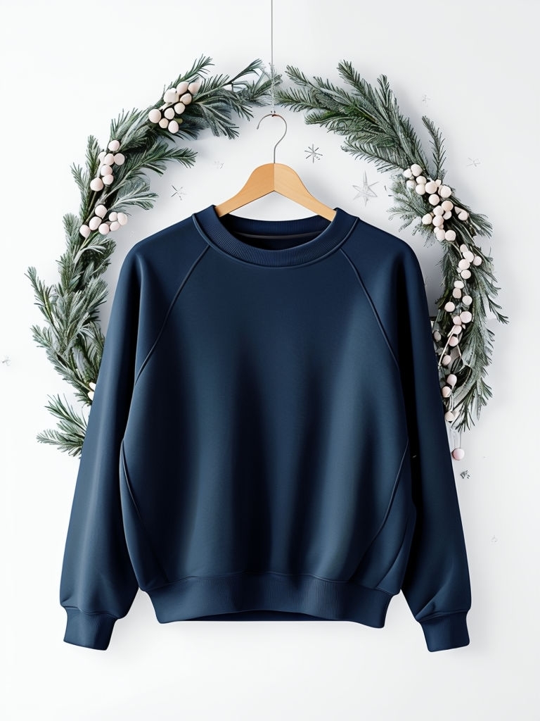 Navy Blue Sweatshirt with Juniper Wreath Hanging Display Mockup