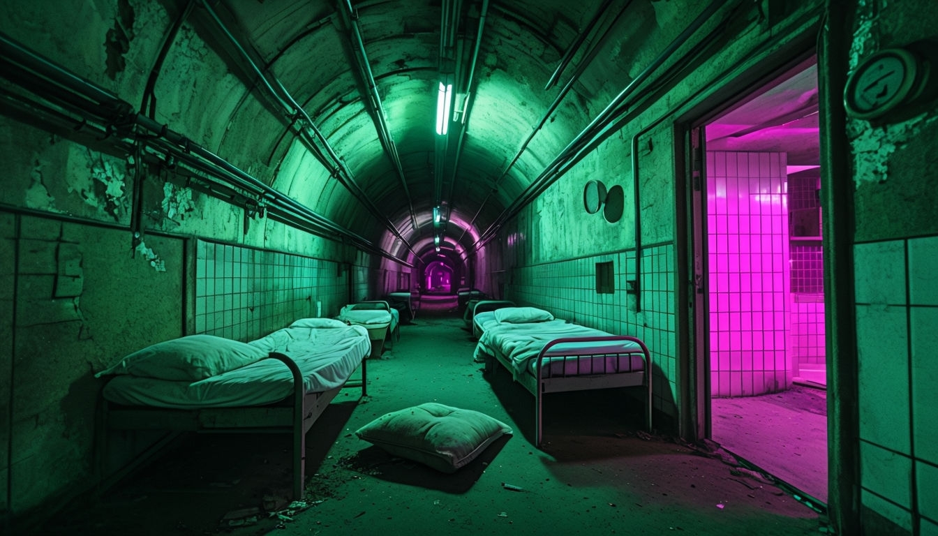 Eerie Abandoned Tunnel with Green Light Effects Background