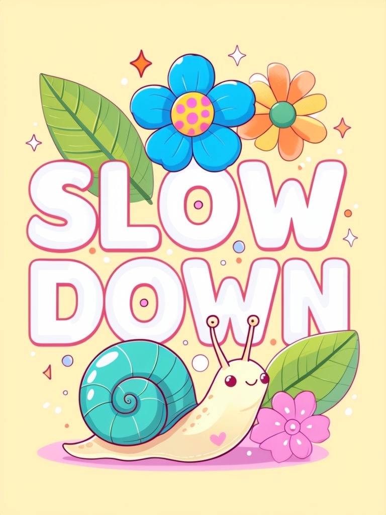 Whimsical Slow Down Cartoon Text with Snail and Flowers Sticker