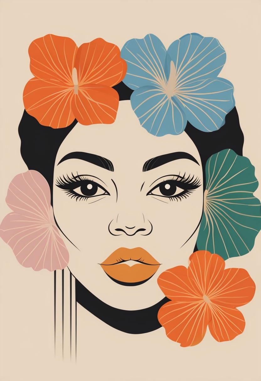 Vibrant Floral Framed African Woman Minimalist Art Illustration