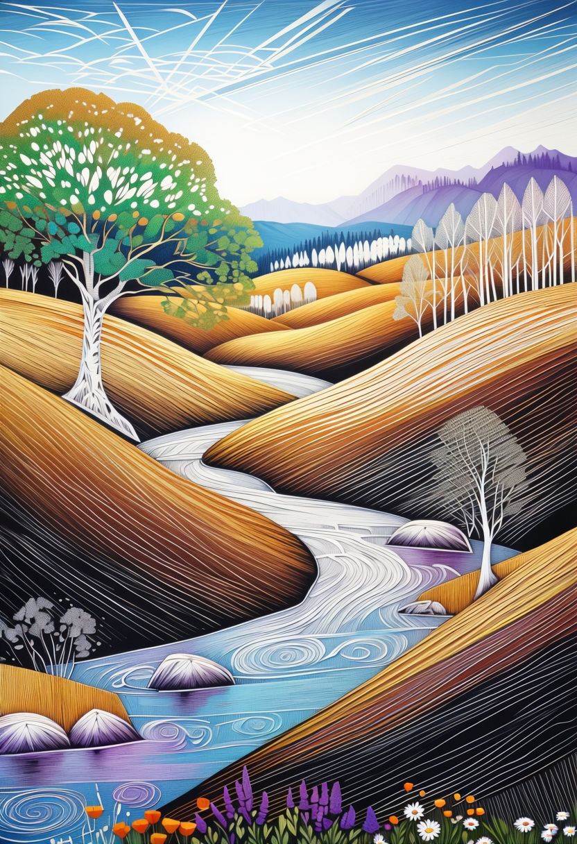 Serene Scratchboard Landscape: Capturing Tranquility in Colorful Countryside Art