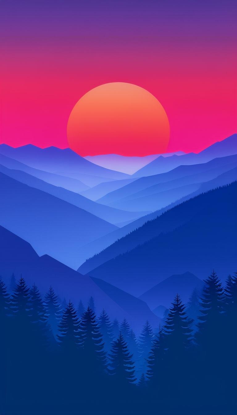 Minimalist Sunset Landscape with Mountains and Fir Trees Mobile Wallpaper