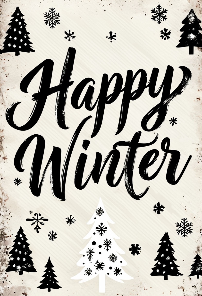 Cheerful Happy Winter Text with Evergreen Trees Poster