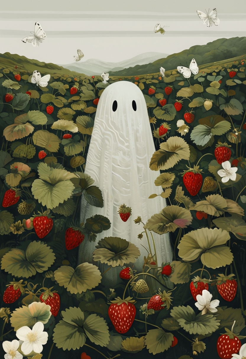 Whimsical Strawberry Field with Ghostly Figure Art