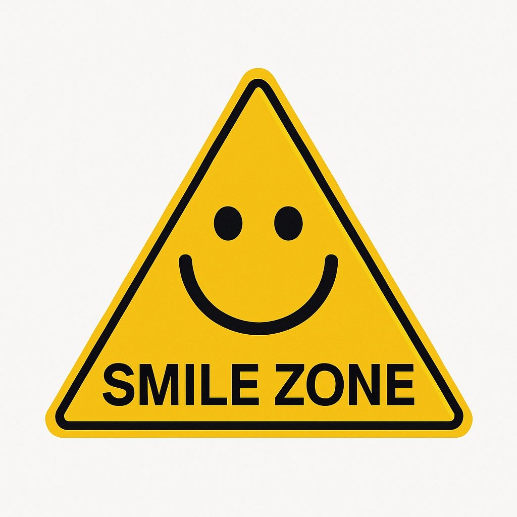 Cheerful Smiley Face Warning Sign with Smile Zone Text Sticker