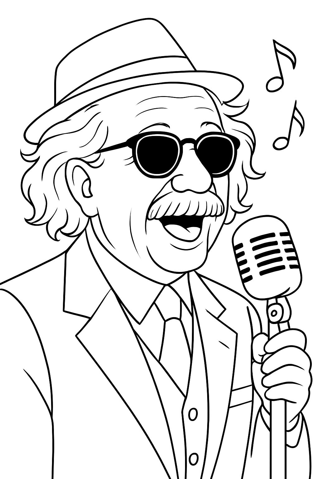 Joyful Elderly Man Singing with Vintage Microphone Coloring Book Page