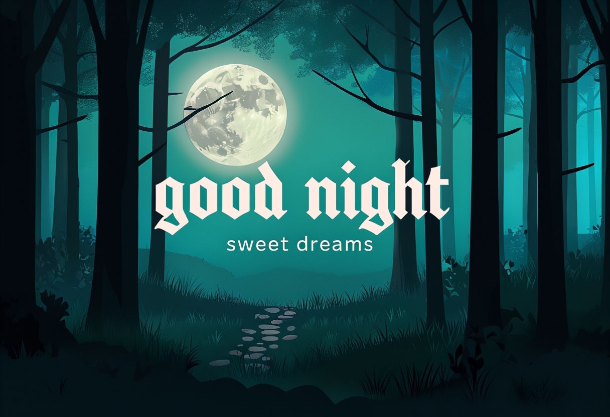 Serene Nighttime Forest with Moon and Good Night Message Social Media Post