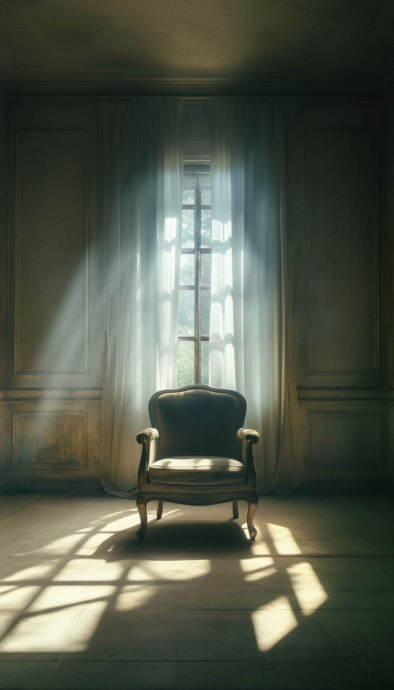 Eerie Antique Armchair in Dimly Lit Neglected Room Mobile Wallpaper