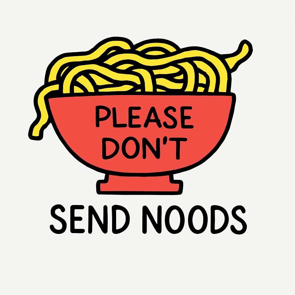Humorous Cartoon Red Bowl with Noodles and Playful Text Sticker