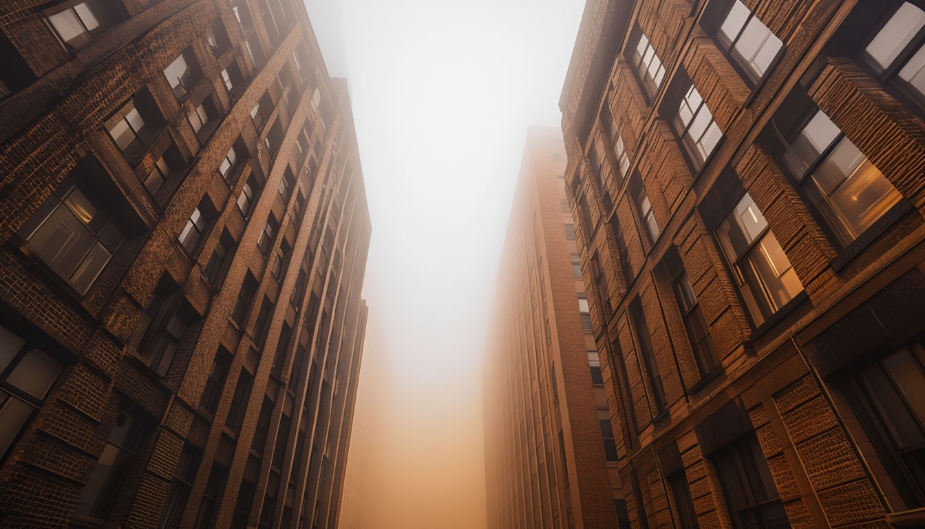 Mysterious Urban Alleyway with Fog and Tall Brick Buildings Background