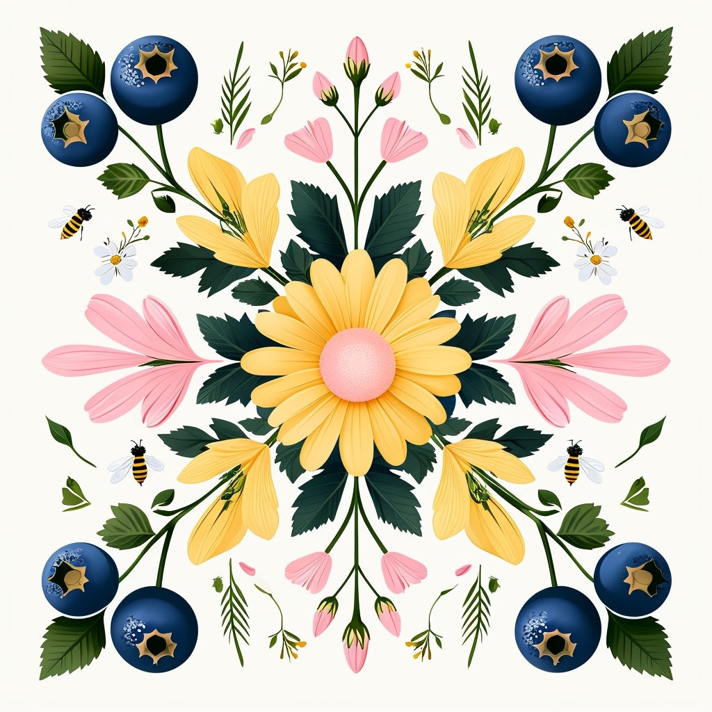 Vibrant Symmetrical Floral Pattern with Bees and Blueberries Seamless Pattern