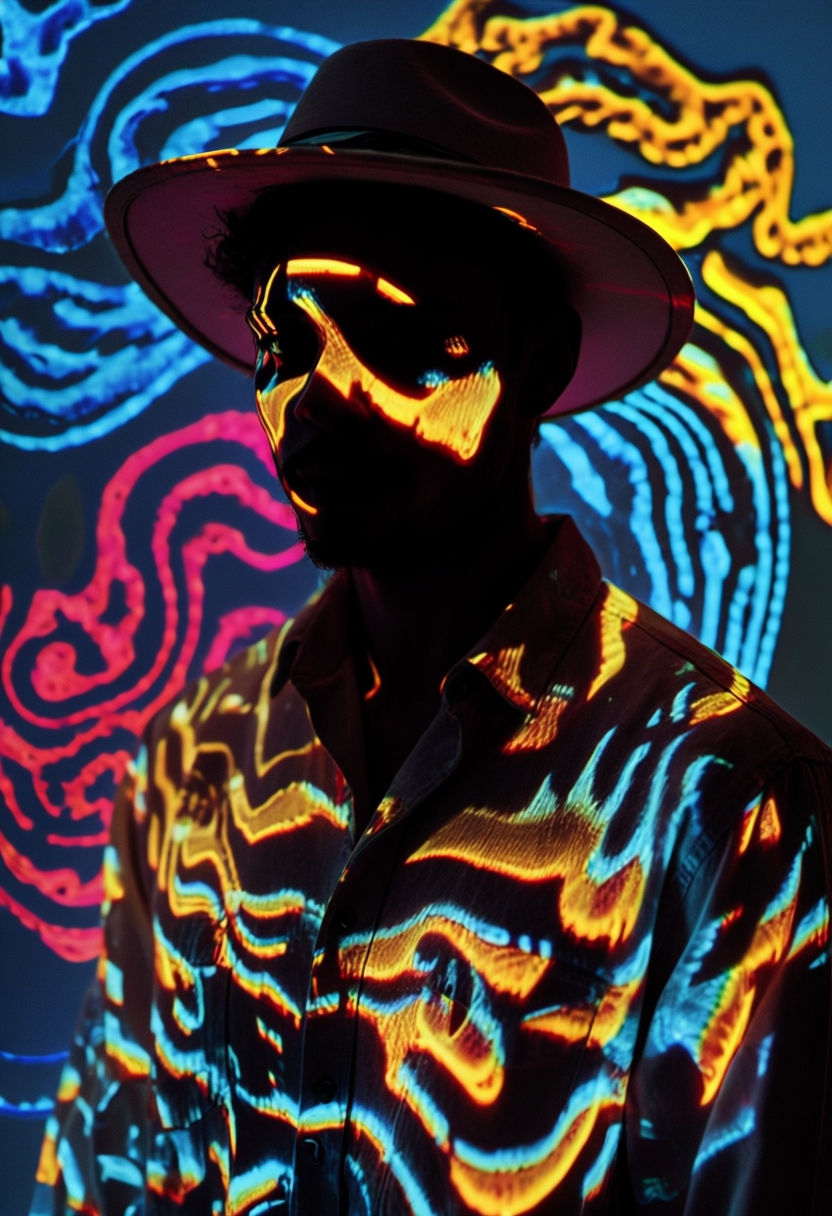 Vibrant Neon Projection Portrait Art with Psychedelic Patterns