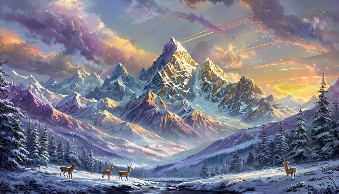 Breathtaking Winter Landscape with Deer at Sunset Art