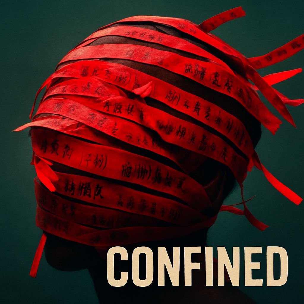 Vibrant Red Ribbons Wrapping Human Head Artwork for Spotify Album Cover