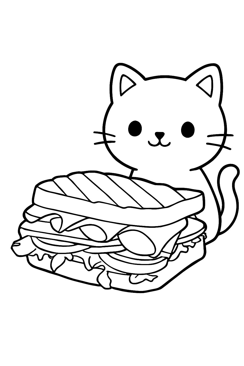 Cute Cartoon Cat with Oversized Sandwich Line Drawing Coloring Book Page