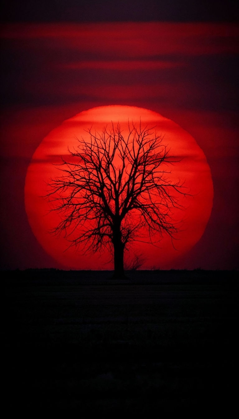 Dramatic Silhouette of Bare Tree Against Red Sun Wallpaper