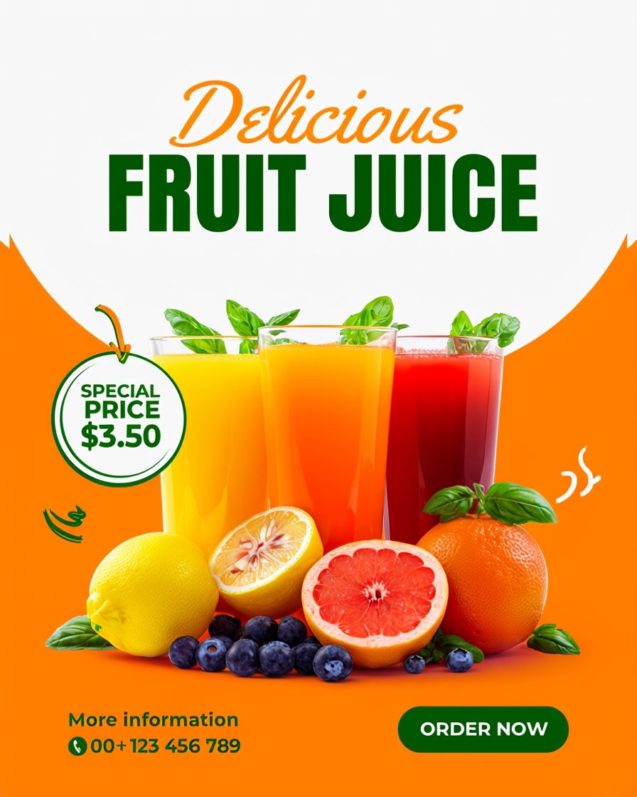 Vibrant Delicious Fruit Juice Promotion Advertisement Design Ads