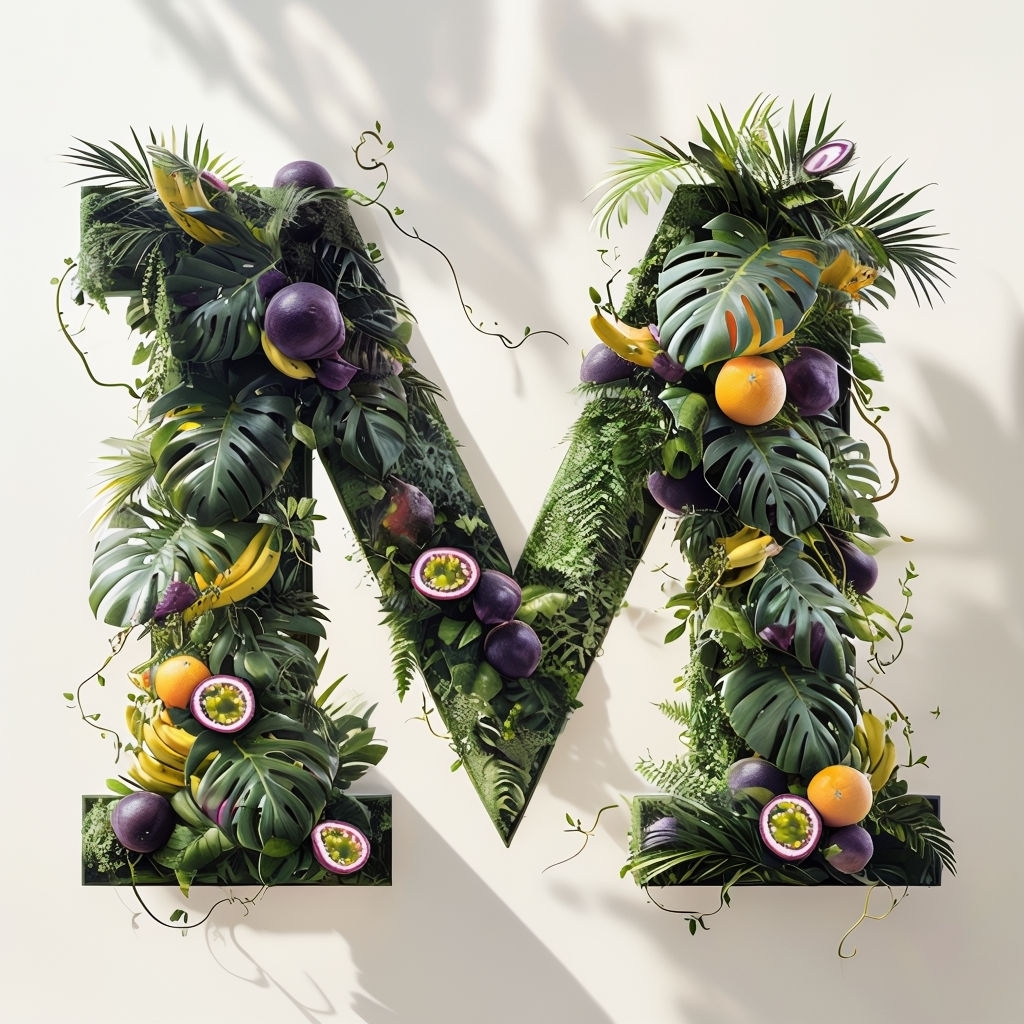 Tropical Monogram Letter M with Lush Foliage and Fruits Sticker