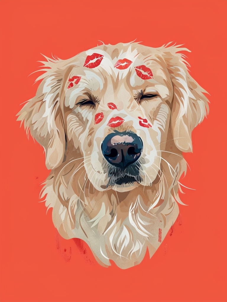 Whimsical Golden Retriever with Lipstick Kisses Illustration Art