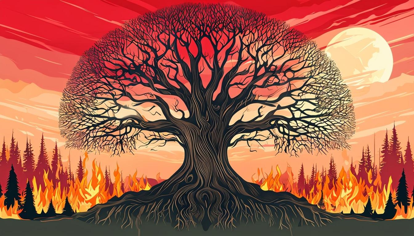 Ominous Bare Tree with Dramatic Sky and Forest Fire Backgrounds