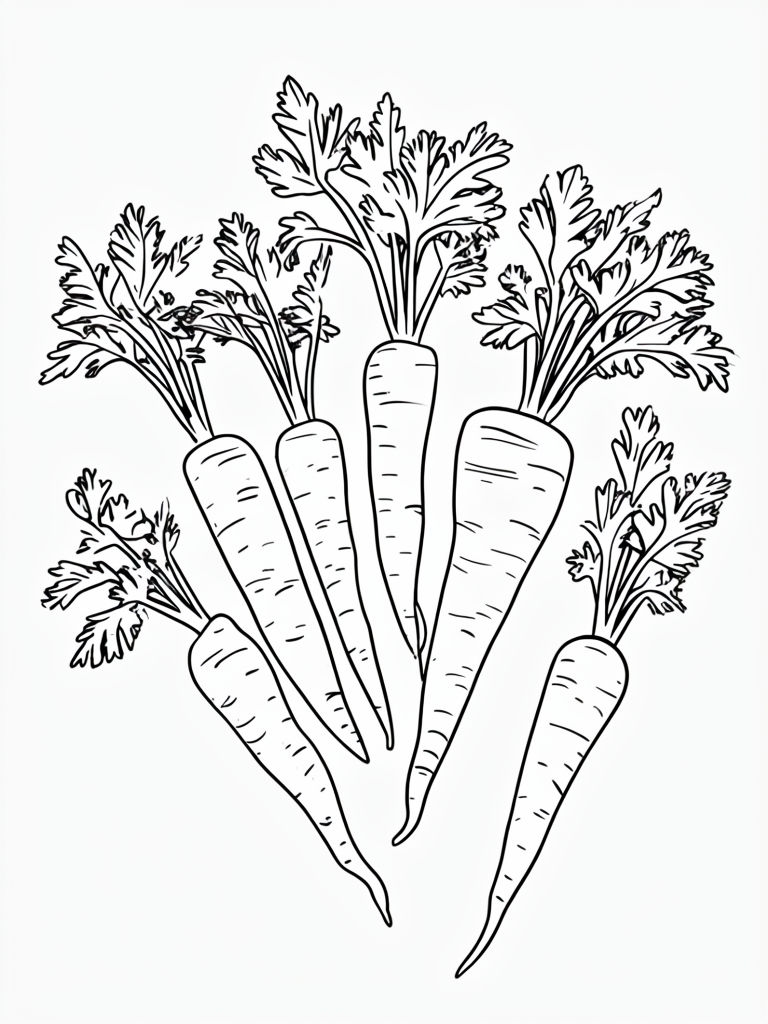 Freshly Harvested Carrots Black and White Line Drawing Coloring Book Page