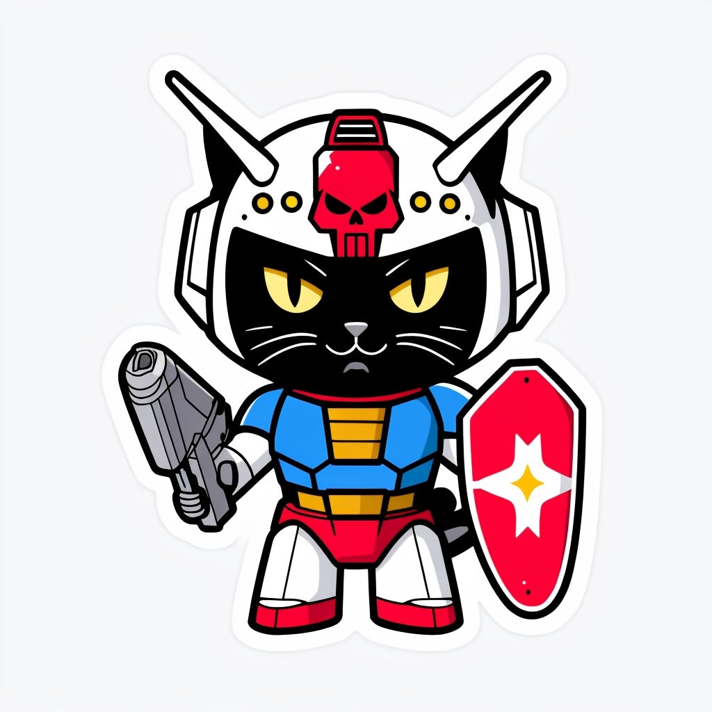 Whimsical Black Cat Robot Cartoon Illustration Sticker