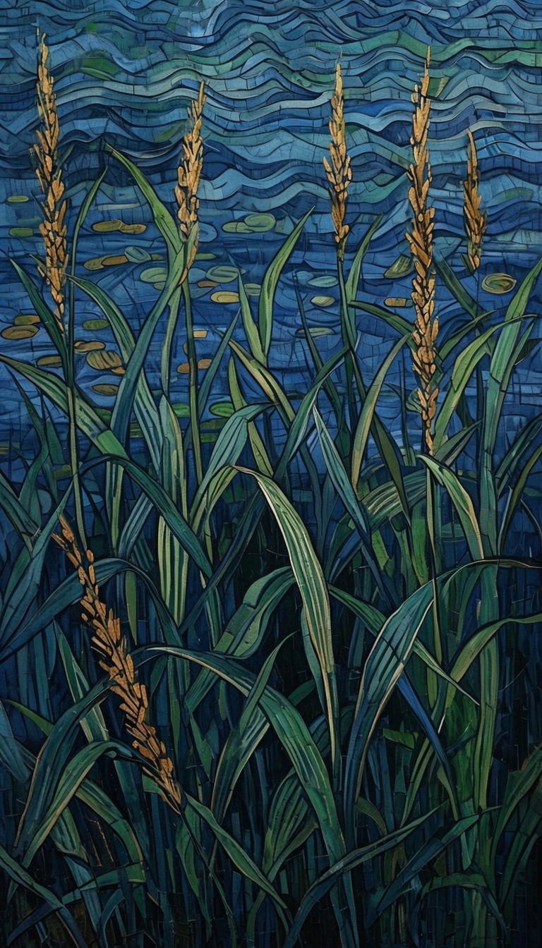 Intricate Nature-Inspired Grasses and Water Painting Mobile Wallpaper