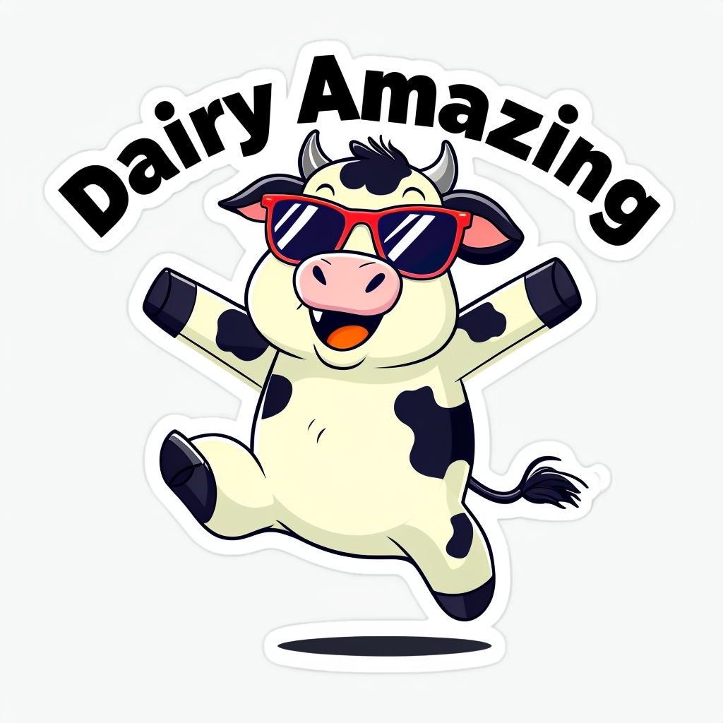 Cheerful Cartoon Dancing Cow with Sunglasses and 'Dairy Amazing' Sticker