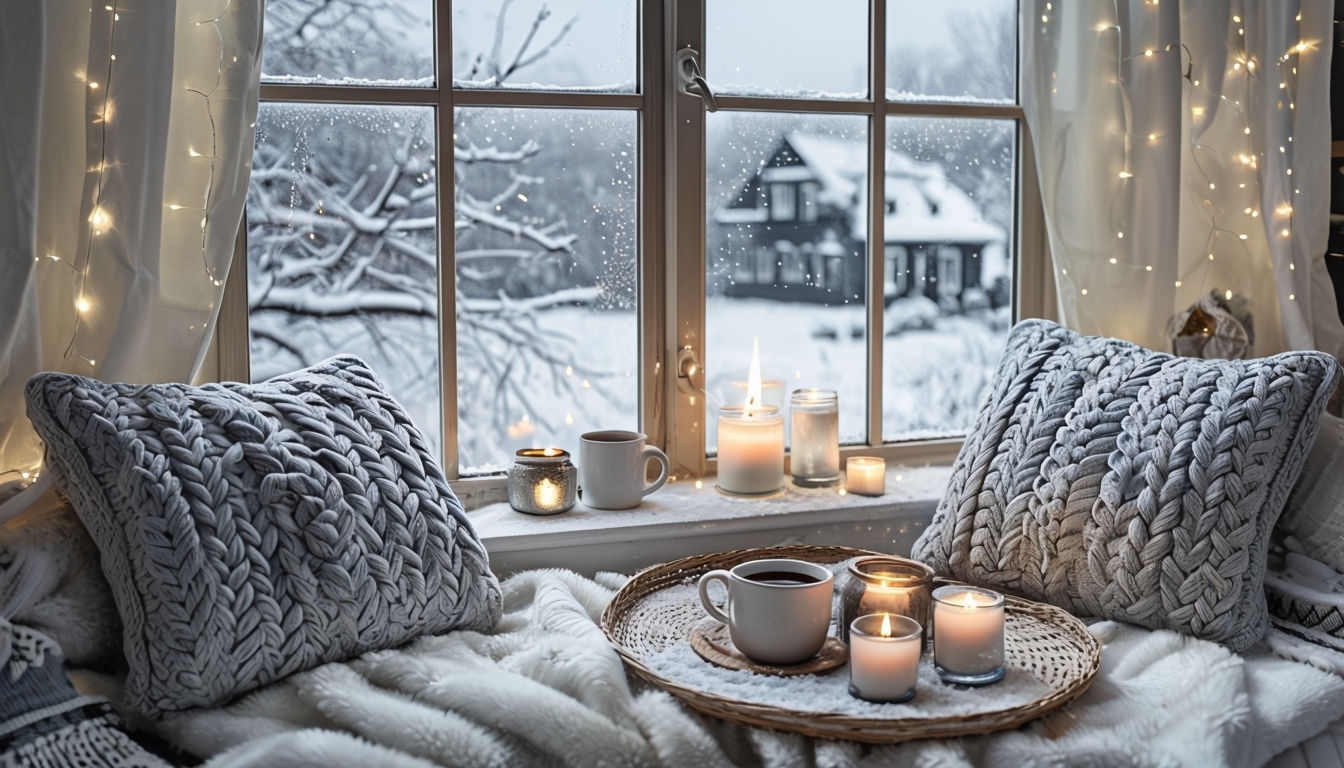 Cozy Winter Indoor Scene with Knitted Cushions and Candles Art