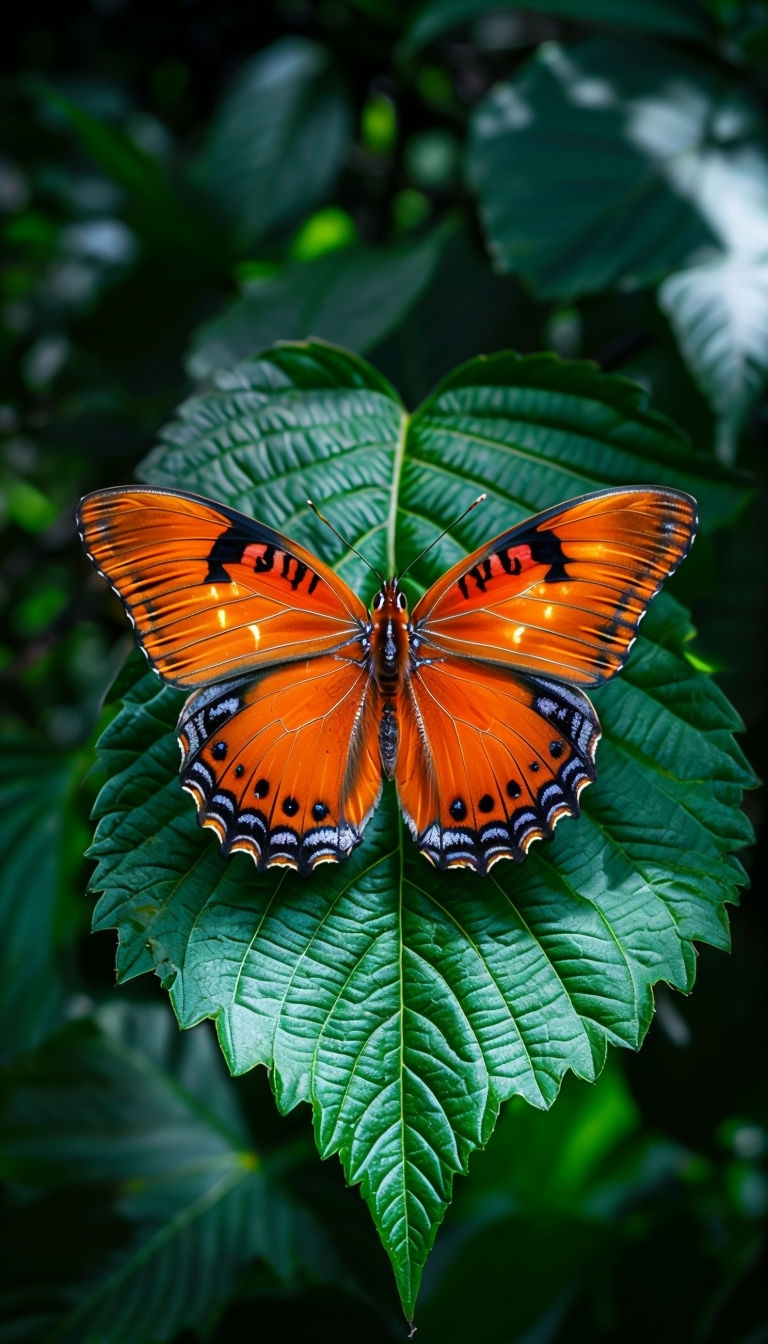 Vibrant Amber Butterfly on Green Leaf Nature Mobile Wallpaper