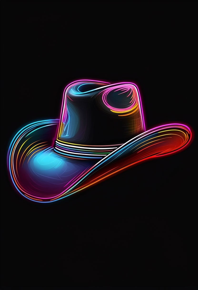 Vibrant Neon Cowboy Hat Illustration Against Black Background Poster