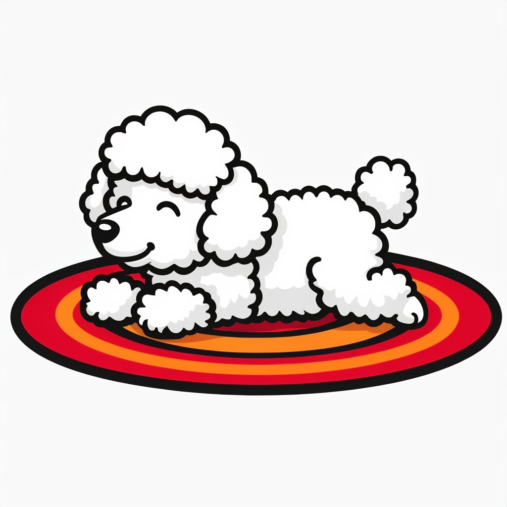 Fluffy White Poodle Relaxing on Colorful Rug Sticker