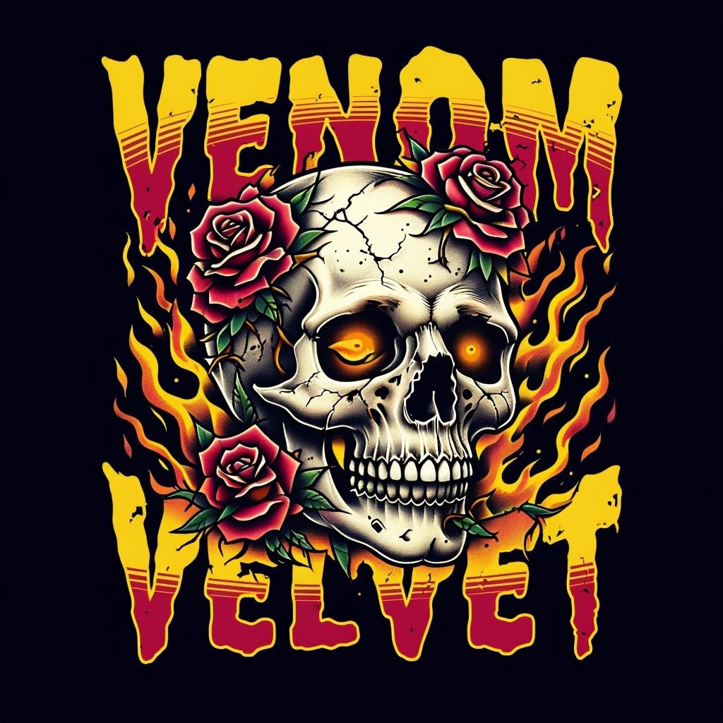 Venom Velvet Skull Tattoo Art with Fiery Roses Spotify Album Cover