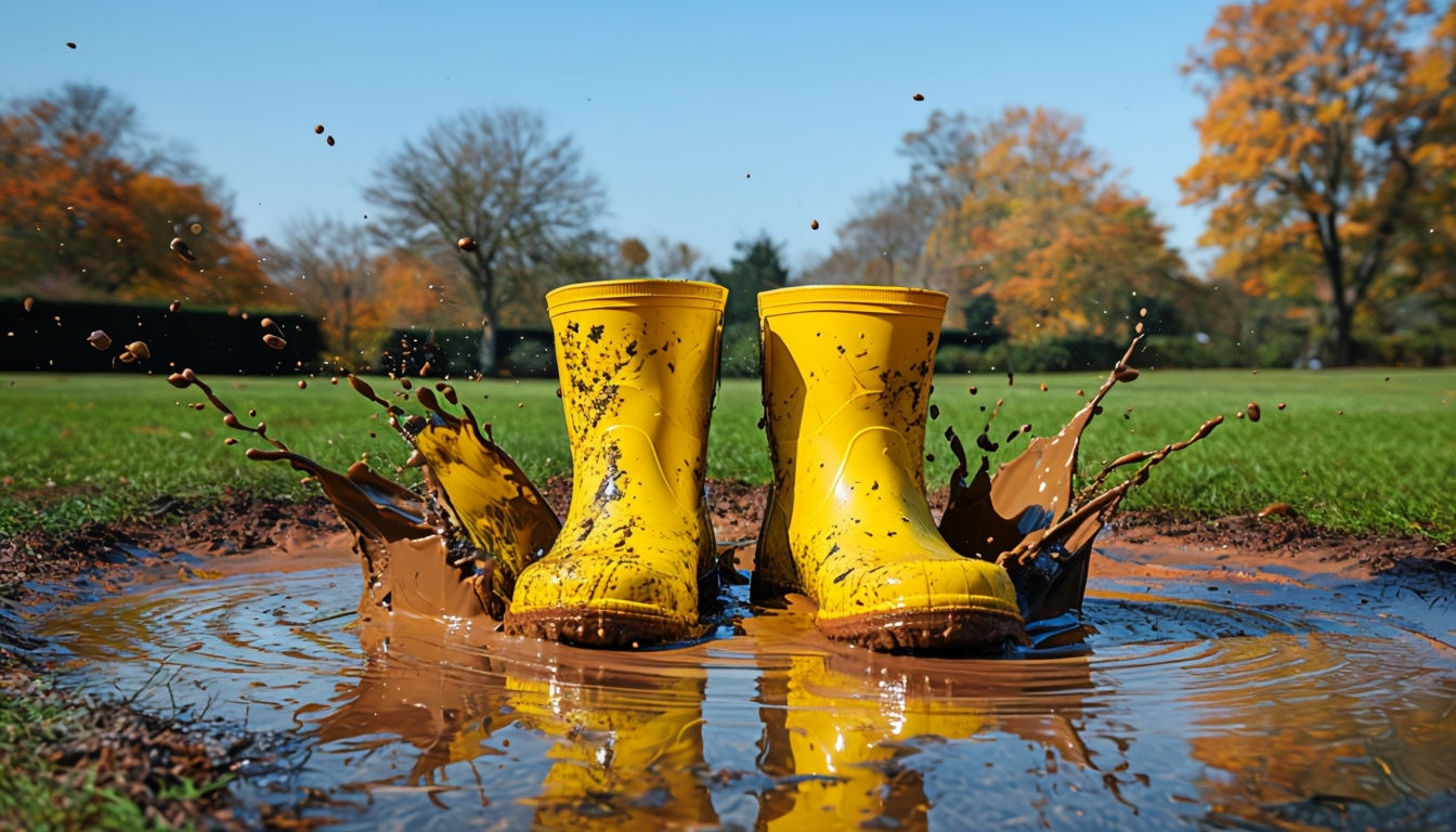 Bright Yellow Rubber Boots Splashing in Autumn Muddy Puddle Background