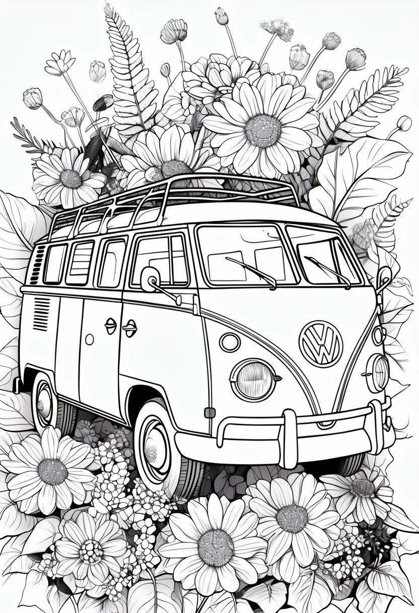 Vintage Volkswagen Bus Surrounded by Flowers Line Art Poster