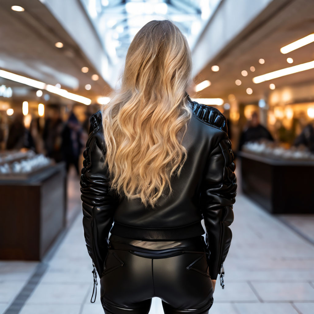 Sexy Blonde cougar in leather pants in luxus shopping street sylt