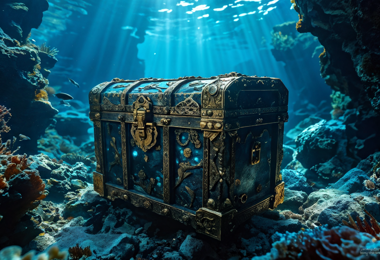 Sunken treasure chest encrusted with barnacles resting undis... by