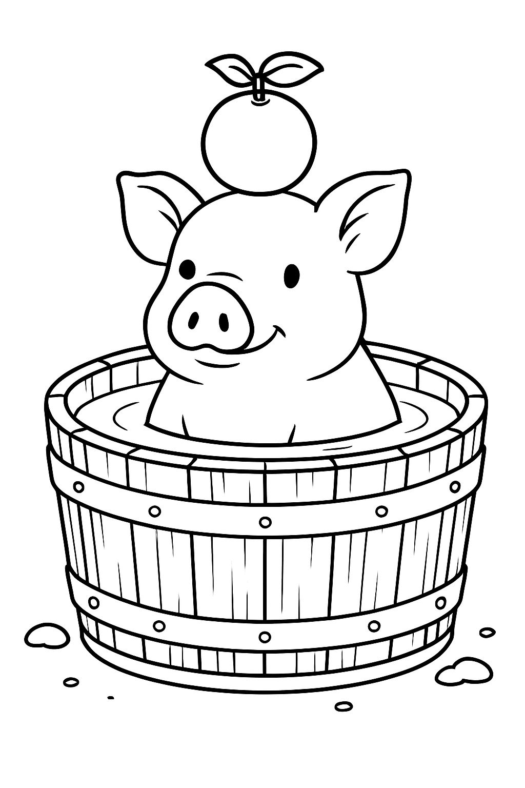 Cute Cartoon Pig in Water Barrel Illustration for Coloring Book Pages