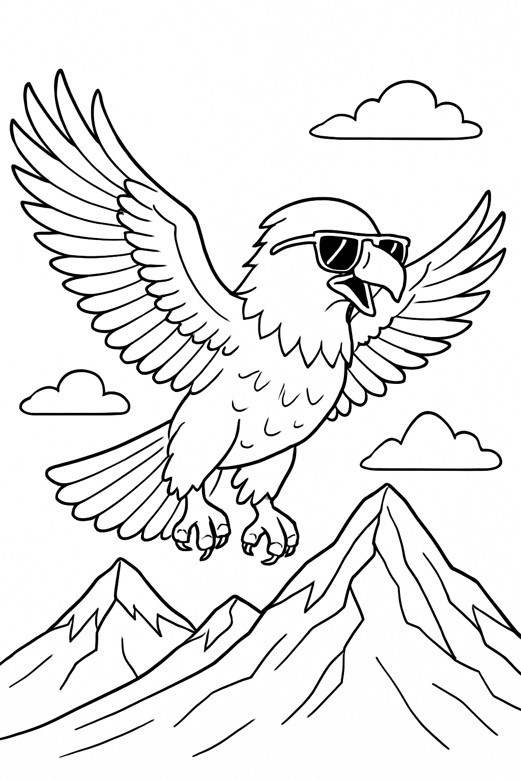 Cool Eagle Soaring with Sunglasses and Mountains Coloring Page