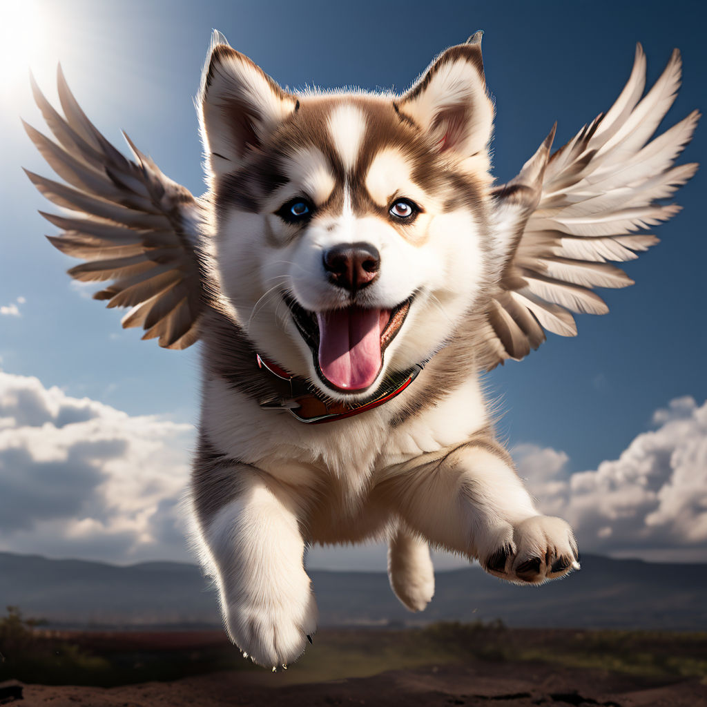 A brown and white colored husky puppy flying in air with his... by ...