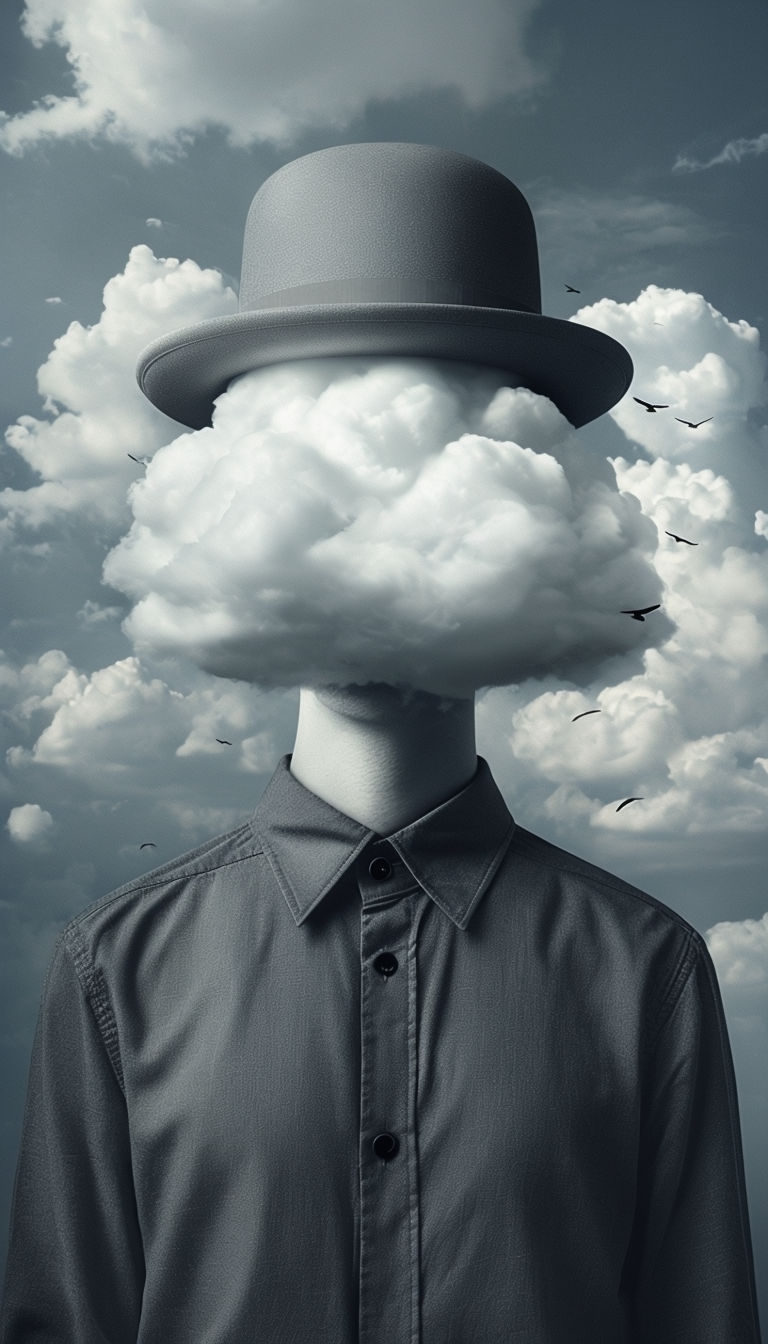 Surreal Cloud-Headed Figure in Monochromatic Dreamy Scene Mobile Wallpaper