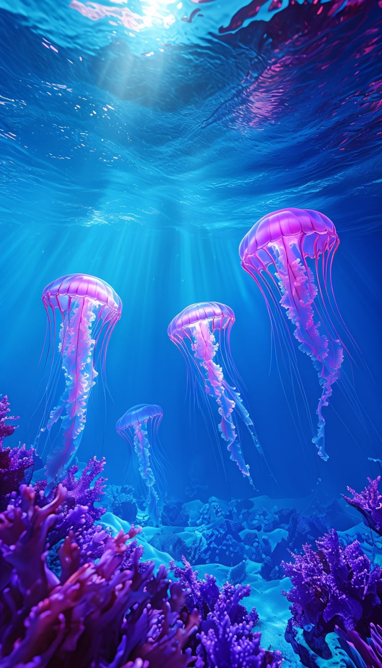 Bioluminescent Jellyfish Underwater Scene in Vibrant Blue Mobile Wallpaper