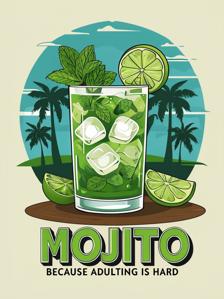 Vibrant Mojito Cocktail Cartoon Illustration Poster