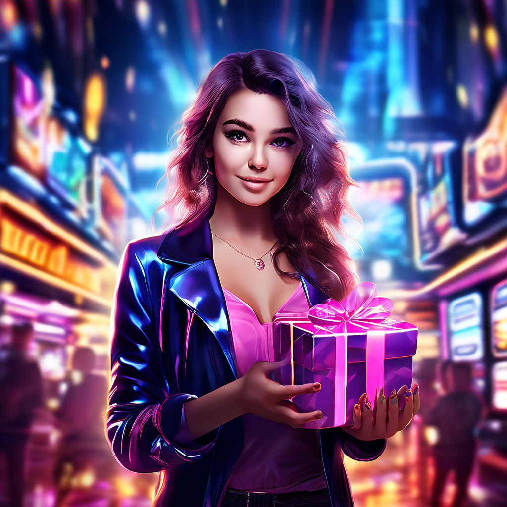 Casino game character, bright aura, girl holding gift box, hands visible, exuding beauty, vibrant attire, engaging in gamblers' paradise backdrop, neon lights, slot machines, lively crowd, dramatic lighting, ultra-realistic, digital painting