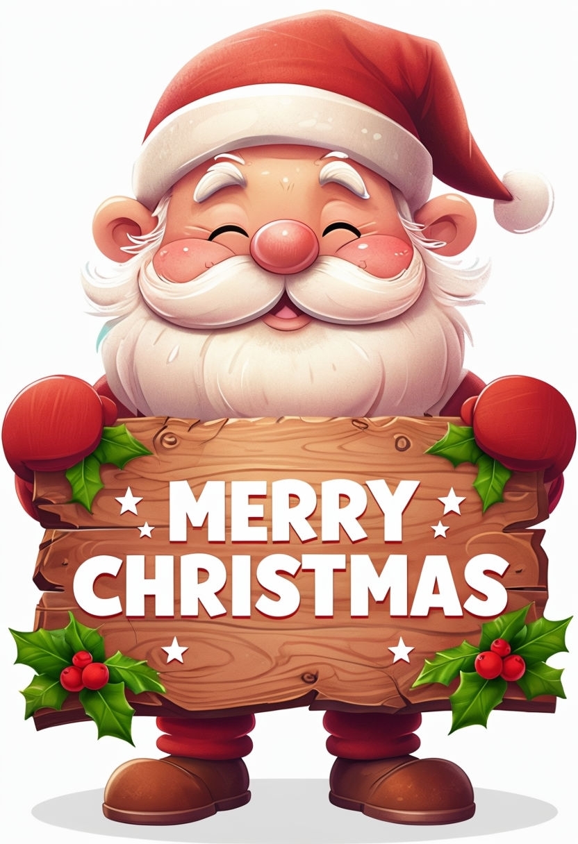 Cheerful Santa Claus with Merry Christmas Sign Holiday Poster