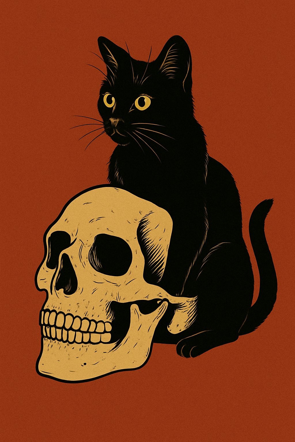 "Intriguing Black Cat on Golden Skull Digital Art Illustration" Art